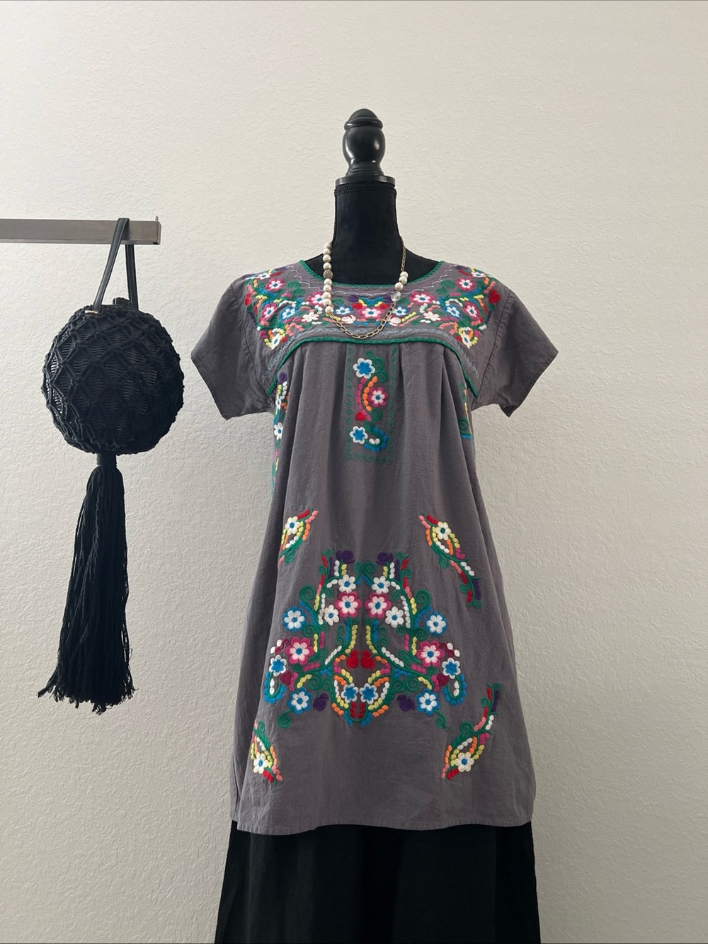 Gray Embroidered Floral Tunic Blouse